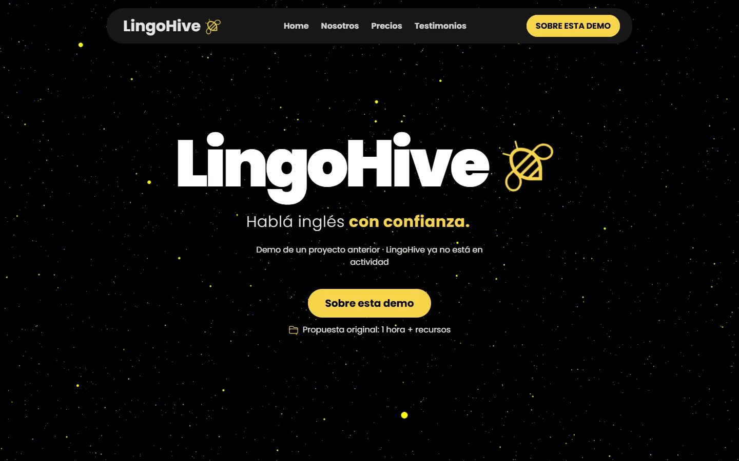 Captura de la Home de LingoHive en desktop: navegación, título, texto de presentación y aviso de que el proyecto ya no está en actividad.
