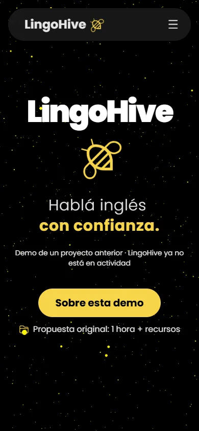 Captura de la Home de LingoHive en mobile: navegación compacta, presentación principal y aviso de que el proyecto ya no está en actividad.
