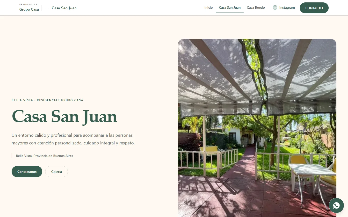 Captura de la página de Casa San Juan de Residencias Grupo Casa en desktop: título, texto introductorio y fotografía del espacio exterior.