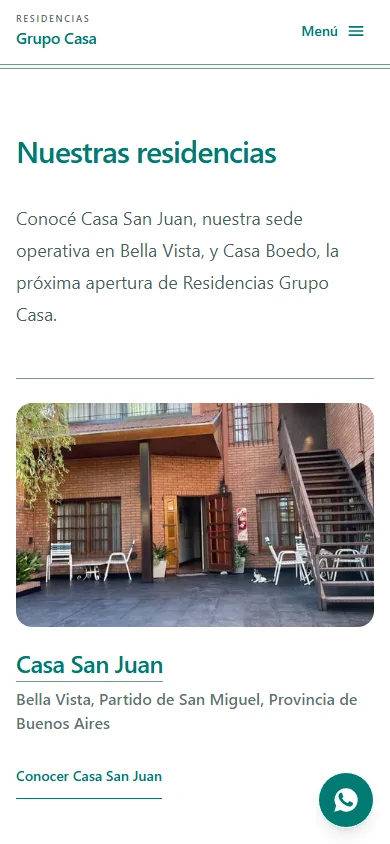 Captura de la Home de Residencias Grupo Casa en mobile: sección «Nuestras residencias», foto exterior de Casa San Juan y menú compacto.